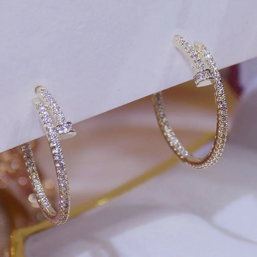 NEW 14K Gold Plated Round Diamond Nail Hoop Earrings - Picture 2 of 11